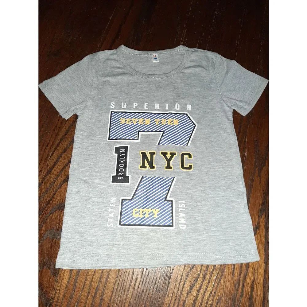 New Boy's 110 (4T) Grey Blue New York Short Sleeve Crew Neck Tee T-Shirt Top